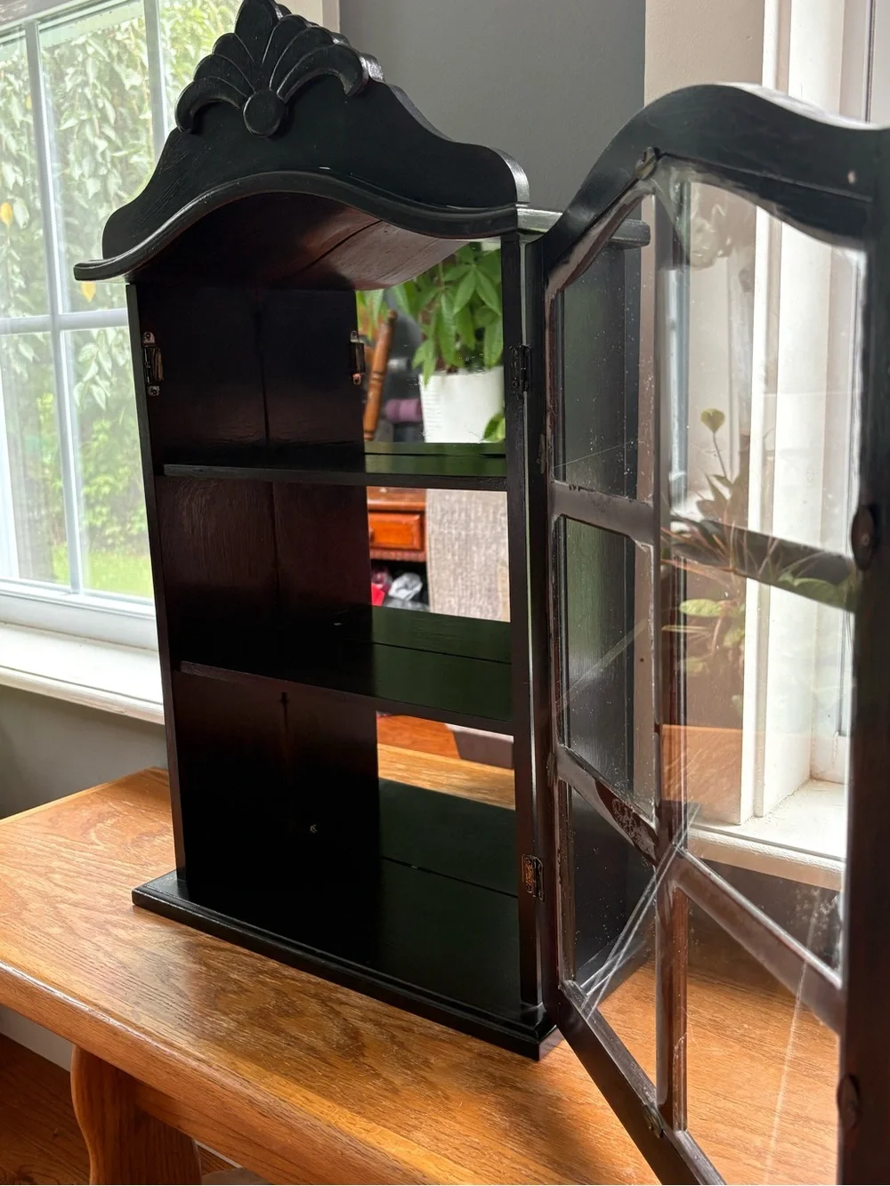 Restored vintage dark Wood & glass wall display cabinet collectibles display cas